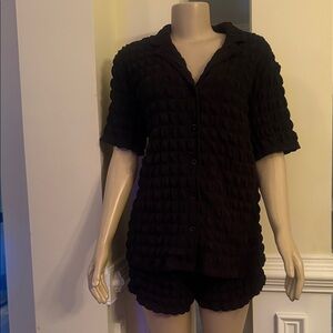 Fashion Nova Black Textured Button Down Short Set